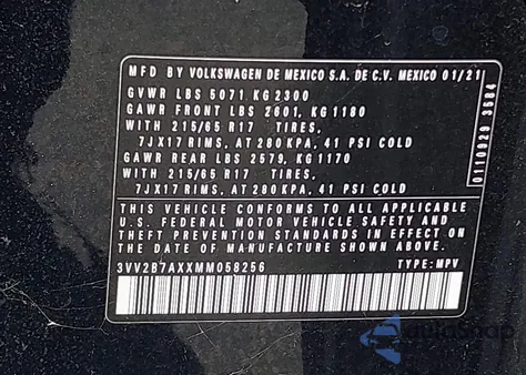 2021 Volkswagen Tiguan 2.0T Se/2.0T Se R-Line Black/2.0T Sel из США, поврежденный, VIN 3VV2B7AXXMM058256